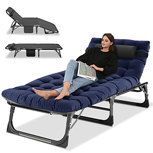 Portable Folding Camping Cot, Adjustable 4-Position Adults Reclining Chaise with Pillow, Outdoor Lounge Chair Sleeping Cots Bed, Perfect for Camping, Pool, Beach, Patio - Night Blue