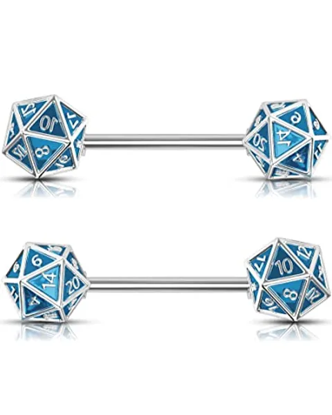 OUFER 2PCS Icosahedron Dice Nipple Rings, 14G 316L Surgical Steel Nipple Barbells, Nipple Jewelry for Women