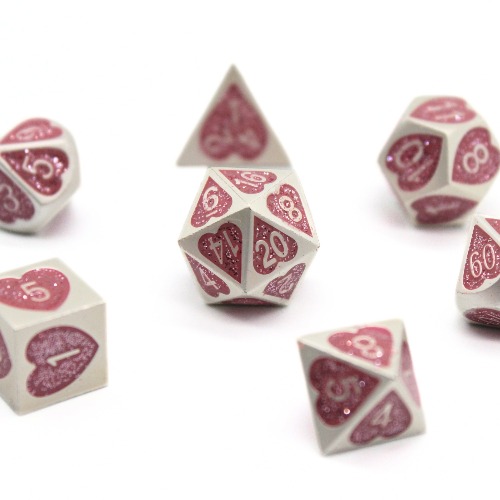 Pink Sparkle Hearts Metal Dice (7pcs Set)