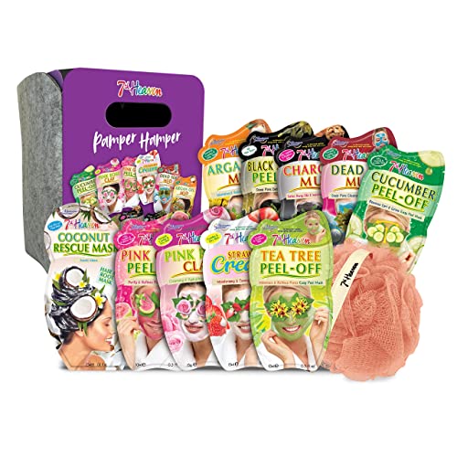 7th Heaven Pamper Hamper Skincare Set - 9 x Face Masks Skincare, 1 x Hair Masks for Dry Damaged Hair and 1 x Body Puff - Gift Set of Peel Off Face Masks & Clay Face Mask Sachets