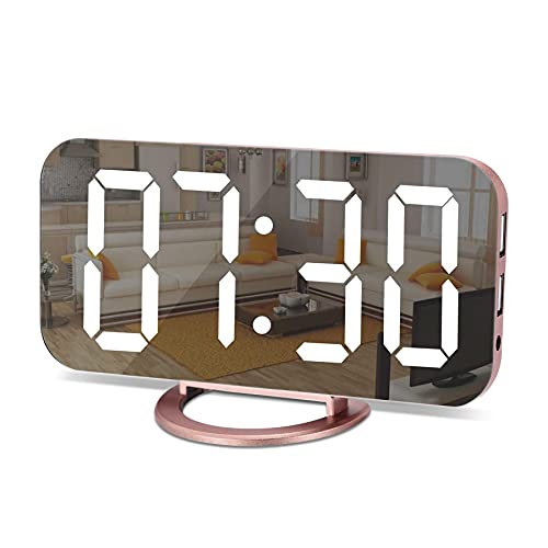U-picks Digital Alarm Clock, 6.5 Inch Large LED Screen Alarm Clock Mirror with Brightness Dimming Mode, Adjustable Brightness, 2 USB Charging Ports, Big SNOOZE Button for Bedroom Home Decor (Pink) - Rose