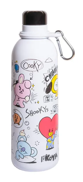 Official Kawaii Water Bottle 500ml / 17OZ, Stainless Steel, Vacuum Insulated Water Bottle, Double Wall Reusable Water Bottle With Carabiner, BPA Free, BT21 Water Bottle - 