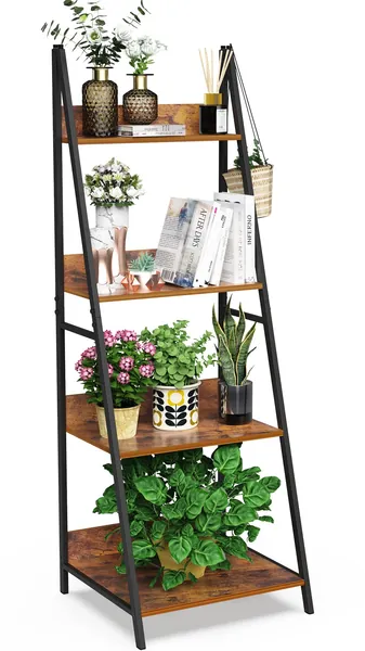 SpringSun 4-Tier Ladder Shelf, Wood Plant Flower Stand Storage Rack Shelf Steel Frame for Office and Home(Brown)