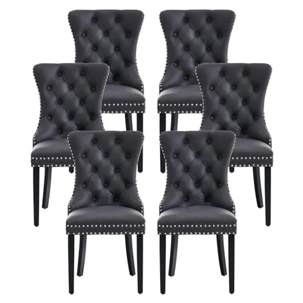 Kiztir Leather Dining Chairs Set of 6, Upholstered Dining Chair with Nailhead Trim and Solid Wood Legs, Luxury Wingback Dining Side Chair for Living Room, Bedroom, Kitchen (Black)
