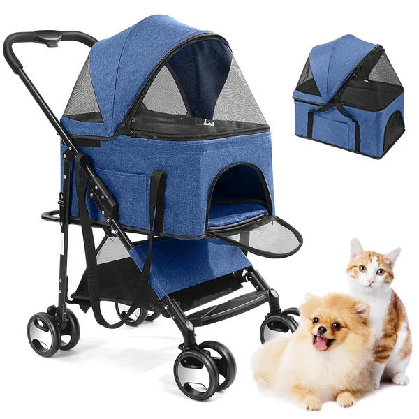 Wedyvko Pet Dog Stroller ，3 in 1 Cat Dogs Strollers with Removable Carrier, 4 Wheels Travel Foldable Aluminum Alloy Frame Carriage for Small Medium Dogs & Cats (Blue)