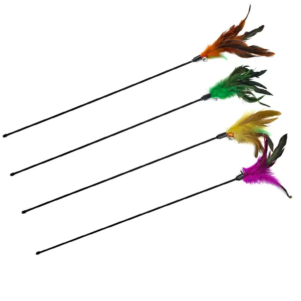IUHKBH Cat Wand Toys, 4 PCS Interactive Cat Teaser Wand Cat Feather Toys with Loud Bell - 20" Long Wand for Cat and Kitten