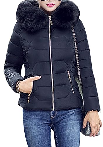 YMING Chaqueta Corta De Plumón Para Mujer Con Bolsillos De Chaqueta De Invierno Cálido Abrigo Con Cremallera De Color Sólido 2XS 2XL - S - Negro Sólido