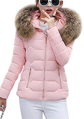 YMING Chaqueta Corta De Plumón Para Mujer Con Bolsillos De Chaqueta De Invierno Cálido Abrigo Con Cremallera De Color Sólido 2XS 2XL - S - Rosado