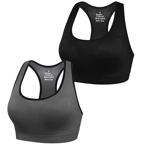 Sykooria Sujetador Deportivo Mujer Sujetador Inalámbrico Sin Costuras con Almohadillas Extraíbles Sujetador de Entrenamiento para Yoga Fitness Ejercicio Corriendo - S - 317-negro+gris