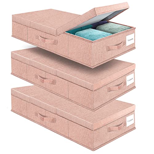 Supowin Underbed Storage Containers 3 Pack, Large Under Bed Storage Bins with Lids, Foldable Sturdy Under the Bed Storage Drawer for Organizing Clothes, Shoes, Blankets, Pillows-Pink - F-Pink