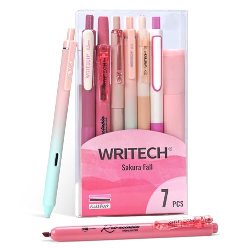 WRITECH Gel Pens Journaling Highlighters: Journal Set Aesthetic Assorted Pastel Color Ink 0.5mm Fine Point Retractable 0.7mm Black Pen Smooth Writing Drawing No Bleed 7ct (Pink) - Pink