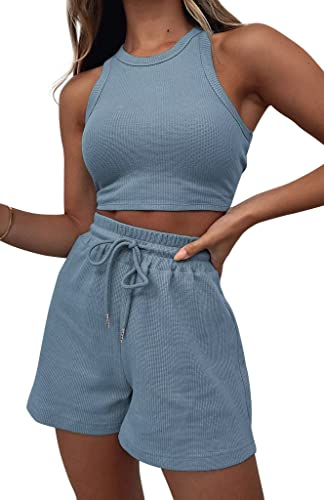 Flechazo Women's Two Piece Lounge Sets for Women-2 Piece Shorts Outfits Sets Cute Sleeveless Crop Top and Shorts Sweatsuits - Medium - Blue