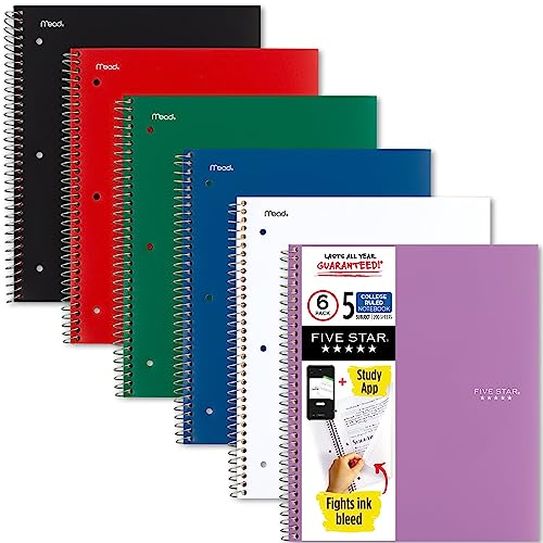 Five Star Spiral Notebooks + Study App, 6 Pack, 5 Subject, College Ruled Paper, Fights Ink Bleed, Water Resistant Cover, 8-1/2" x 11", 200 Sheets,Assorted Colors (73793)