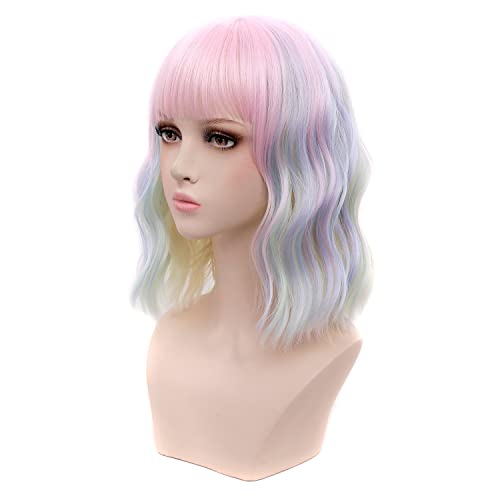 Schila Wig Rainbow Colorful Short Bob Wavy Wig With Bangs For Women Unicorn Costume Cosplay Wig For Halloween Pastel Pink Mixed Wigs Heat Resistant Rainbow Bright Colored Party Wig Cap Included（12inch） - Rainbow