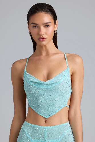 Embellished Cowl-Neck Crop Top in Ice Blue | 10