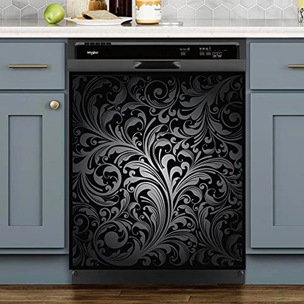 Dishwasher Magnet Cover,Front Dishwasher Cover Decoration,The Black Flower,Wave Flower,Home Cabinet Decals Appliances Stickers, Magnetic Sticker Decorative Refrigerator Mom's Gift.