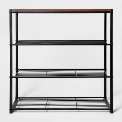 4 Tier Shoe Rack Black Metal with Walnut Wood