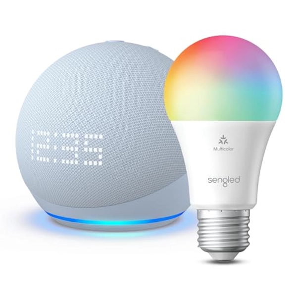 Echo Dot (5th Gen) with Clock | Cloud Blue with Sengled Smart Color Bulb