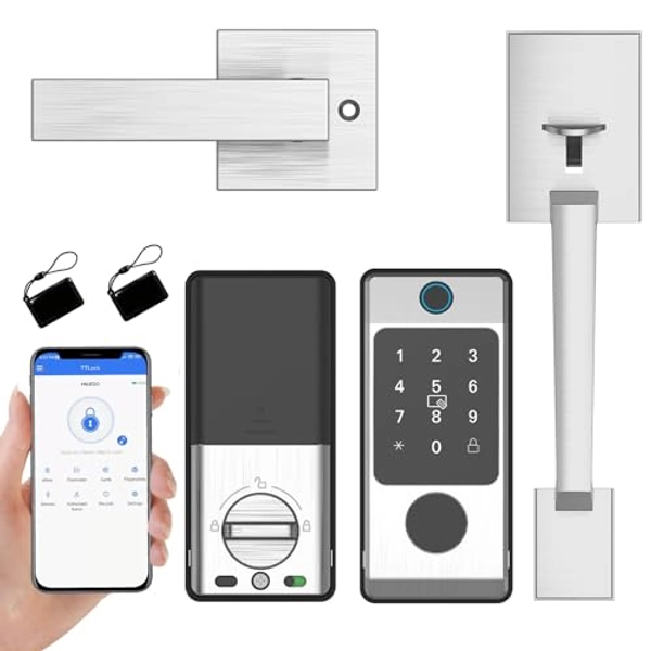 Smart Front Door Lock with Handle Set - Miuedo Keyless Entry Keypad Door Lock - Fingerprint Smart Alexa Lock - Smart Deadbolt Lock with Handle Latch - Remote Access Bluetooth APP-Silver