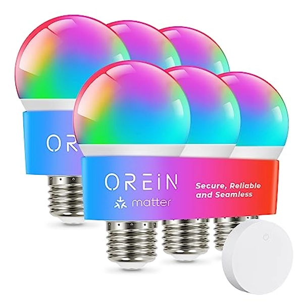 OREiN Matter Smart Light Bulbs with Remote Control Reliable WiFi Light Bulb A19 E26 LED Color Changing Light Bulbs 60W Equi 800LM CRI90 Work with Alexa/Google Home/Apple Home/SmartThings/Siri 6Pack