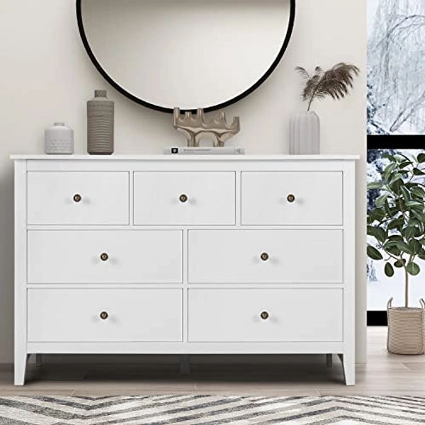 Vikiullf White Dresser - Modern Dresser for Bedroom, Wooden 7 Drawer Dresser, Storage Cabinet for Bedroom, Nursery, Living Room, Hallway, Entryway