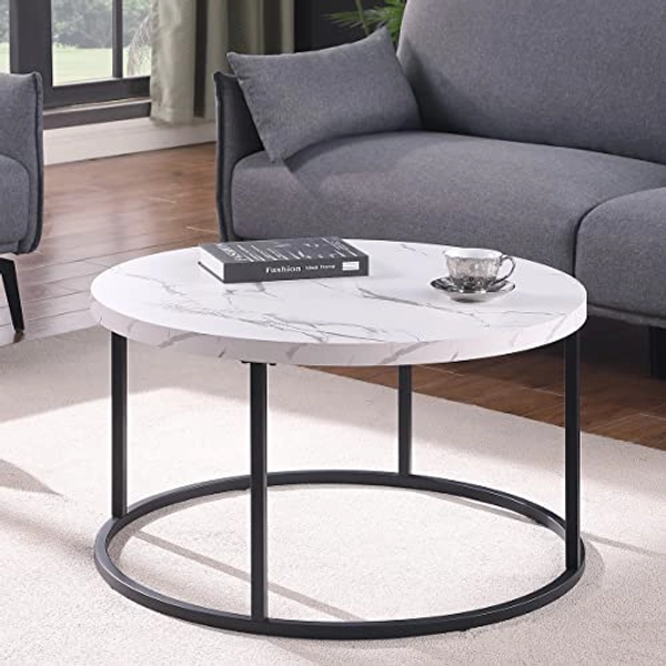 CENSI White Marble Round Ottoman Coffee Table for Living Room, with Extra Thick Tabletop, 31.5" Modern Industrial Center Table