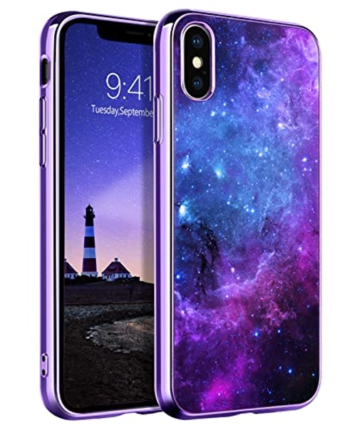 GUAGUA Case for iPhone Xs/X, iPhone Xs/X Cases Glow in The Dark Noctilucent Luminous Cover Space Nebula Slim Thin Shockproof Protective Phone Cases for iPhone Xs/X 5.8" Purple/Blue