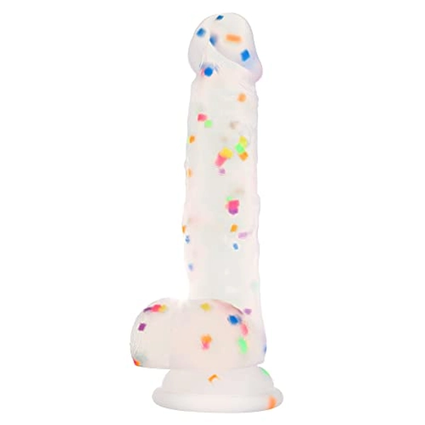 Seiecft 7.3 Inch Confetti Clear Silicone Dildo with Flared Suction Cup Base for Hands-Free Play, Flexible Dildo with Curved Shaft and Balls for Vaginal G-Spot and Anal Prostate