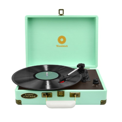 mbeat Woodstock Retro Briefcase Turntable Record Player Built-in Speakers 3 Speed Play Tiffany Blue