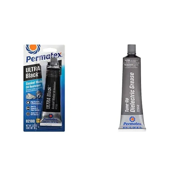 Permatex 82180 Ultra Black Maximum Oil Resistance RTV Silicone Gasket Maker, 3.35 oz. Tube + 22058 Dielectric Tune-Up Grease, 3 oz. Tube