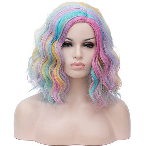 Cying Lin Short Bob Wavy Curly Wig Rainbow-colored Wig For Women Cosplay Halloween Wigs Heat Resistant Bob Party Wig Include Wig Cap (Rainbow-colored) - Rainbow-colored
