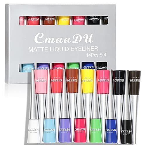 CkFyahp Liquid Eyeliner Set, 14Pcs Colorful Matte Liquid Eyeliners Neon Rainbow Waterproof Highly Pigmented Long Lasting Quick Dry Eye Liners Makeup for Wedding Party Valentine's Day Cosplay Stage - 14 colours Liquid Eyeliner Set