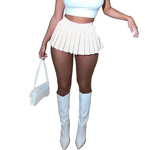 Women's Mini Pleated Skirts Sexy Club Y2k High Wiast Stretchy Tennis Skater A-line Skirt - X-Large - White