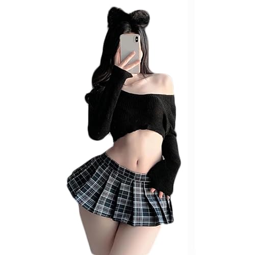 THSCWY Women Student Uniform School Girl Lingerie Costume Pleated Short Skirt JK Student cosplay Sweater Lingerie Set - Black