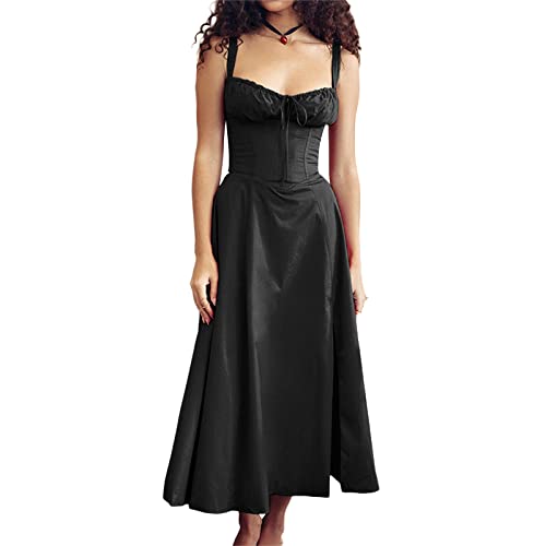 Women Y2k Square Neck Lace Trim Long Dress Low Cut Sleeveless Bustier Midi Dress Going Out Spaghetti Strap Sundress - S - A-black