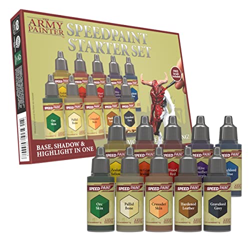 The Army Painter Speedpaint Starter Set - 10 x 18ml Speed Model Paint Kit Pre Loaded with Mixing Balls and 1 Brush- Base, Shadow and Highlight in One Miniature and Model Paint Set for Plastic Models - Starter set