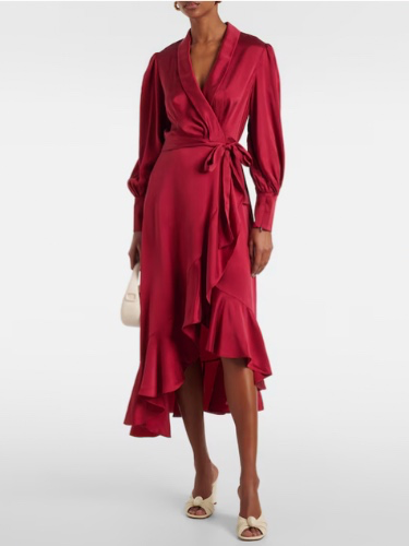 Ruffled silk satin wrap dress