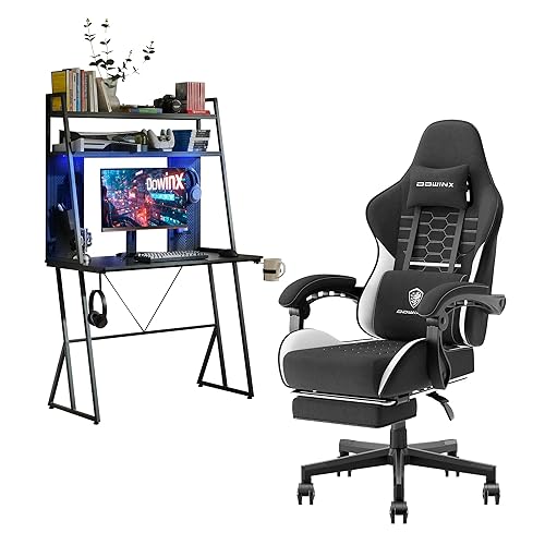 Dowinx Gaming Chair Fabric with Pocket Spring Cushion and Tall Gaming Desk with Space-Saving Shelves Pegboard, Black
