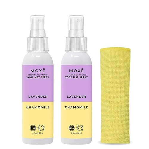 MOXE Yoga Mat Cleaner Spray, Lavender & Chamomile Essential Oil, Safe for All Mats & Exercise Equipment, Odor & Sweat Protection, Includes Microfiber Cleaning Towel, 4 Oz (2 Pack) - Lavender Chamomile - 4 Fl Oz (Pack of 2)