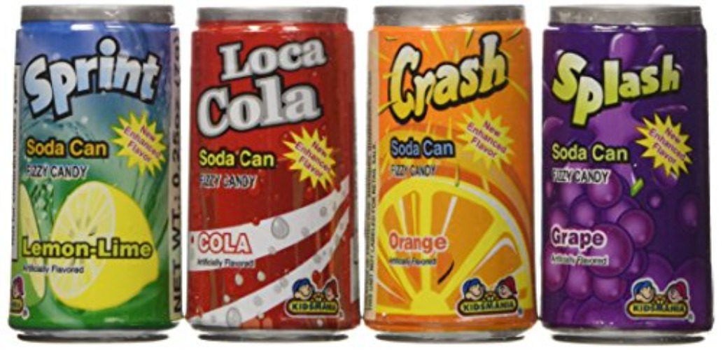 Kidsmania Soda Can Fizz Candy Variety Pack: Sprint Lemon Lime, Loca Cola, Crash Orange, Splash Grape - 0.25 Ounce, 72-Pack