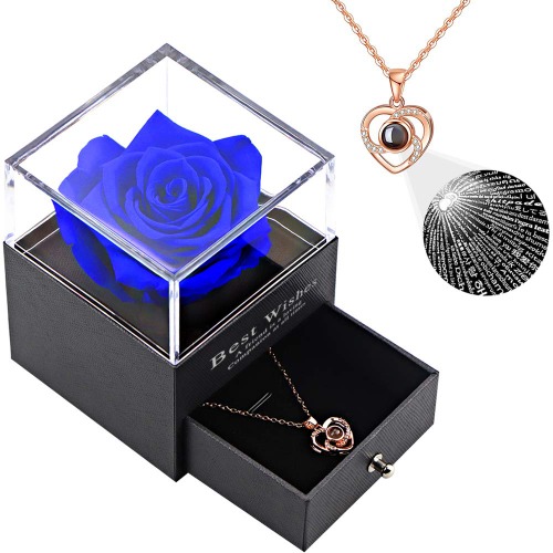 Vanleonet Eternal Rose Flower Gifts- Preserved Flower Rose Gift Pack Handmade Fresh Flower Rose with 100 Languages I Love You Necklace Gift for Mother's Day Valentine's Day Anniversary Birthday - Blue Rose-best Wish