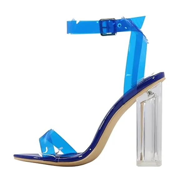 Cape Robbin Maria-7 Seller Lucite Clear Perspex Glitter Block Heel Sandals Black - 9 - Blue