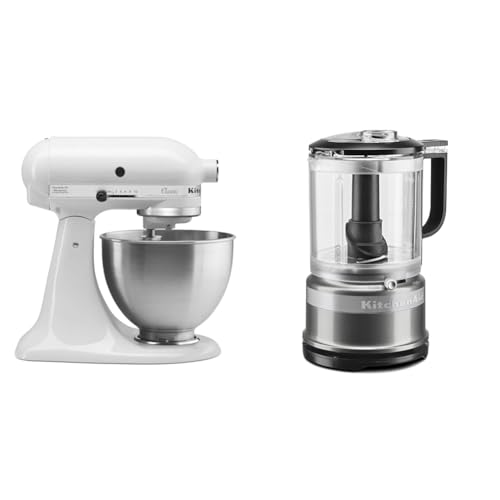 KitchenAid Classic Series 4.5 Quart Tilt-Head Stand Mixer K45SS, White & 5 Cup Food Chopper - KFC0516, Contour Silver - White - Mixer + 5 Cup Food Chopper Contour Silver