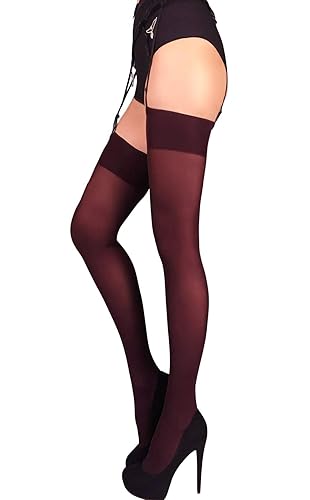 Mila Marutti Stockings for Garter and Suspender Belts for Women | Semi Opaque Thigh High Tights 40D | Made in EU - Medium - Burgundy