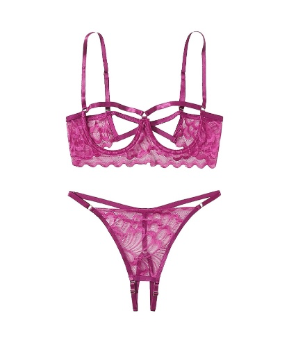 Crotchless 2 Piece Lingerie Set Sheer Lace Underwire Bralette Bra and Shorts