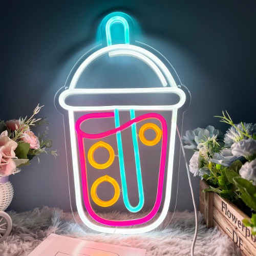 Milk Tea Neon Signs for Wall Decor LED Neon Lights for Shop Living Room Restaurant billboard, USB Powered Dimmable Light Up Signs for Birthday Christmas Pink Yellow Blue(9.4x15.4in) - 