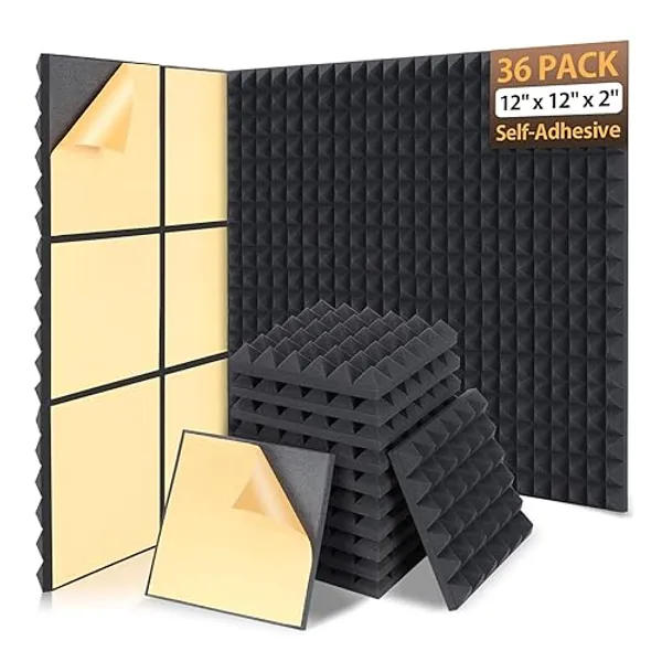 AUSLET 36 Pack Sound Proof Foam Panels for Walls 12" X 12" X 2" Pyramid Acoustic Foam Panels with Self-Adhesive High Density Soundproof Wall Panels for Studio and Home