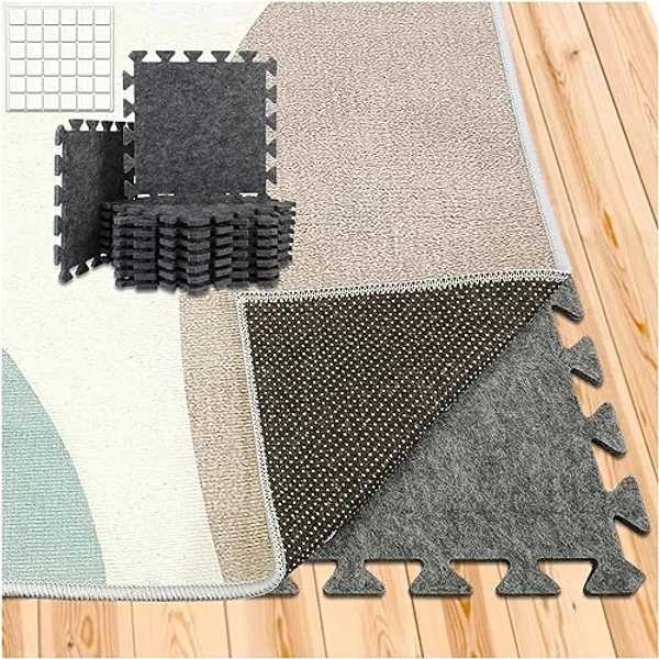 BXI Soundproof Interlocking Rug Pad 16 Pcs, 11x 11 x 0.4 inches Non Slip Rug Pads, High Density Noise Reduction Puzzle Felt Carpet Padding, Rug Mat Protects and Adds Cushion for Hardwood Floor