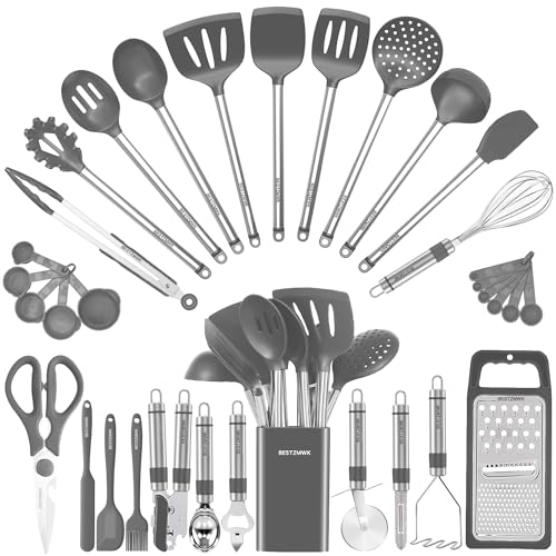 Kitchen Utensil Set-Silicone Cooking Utensils-33 Kitchen Gadgets & Spoons for Nonstick Cookware-Silicone and Stainless Steel Spatula Set-Best Kitchen Tools, Useful Pots (Grey) - Gray