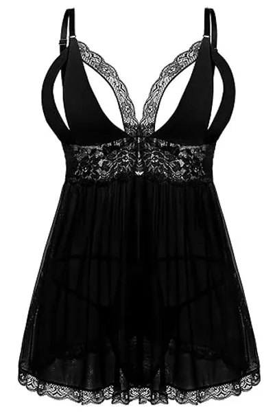 EVELIFE Women Sexy Plus Size Babydoll Dress Lace Babydoll Lingerie Chemise Nightwear Lingerie Set with G-String - Pure Black - XXL